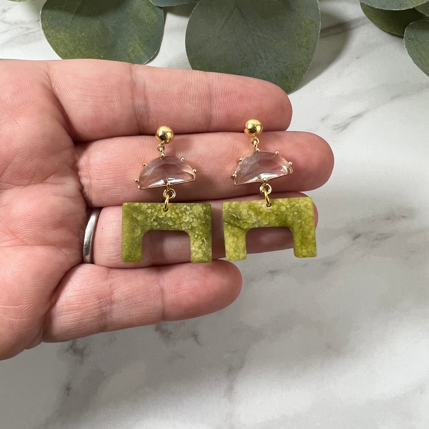 Small Squared Arch and gem Polymer Clay Earrings