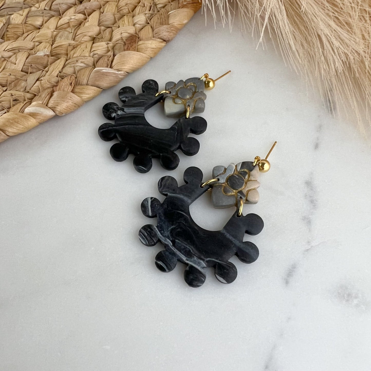 Floral And Circle Arch Polymer Clay Earrings