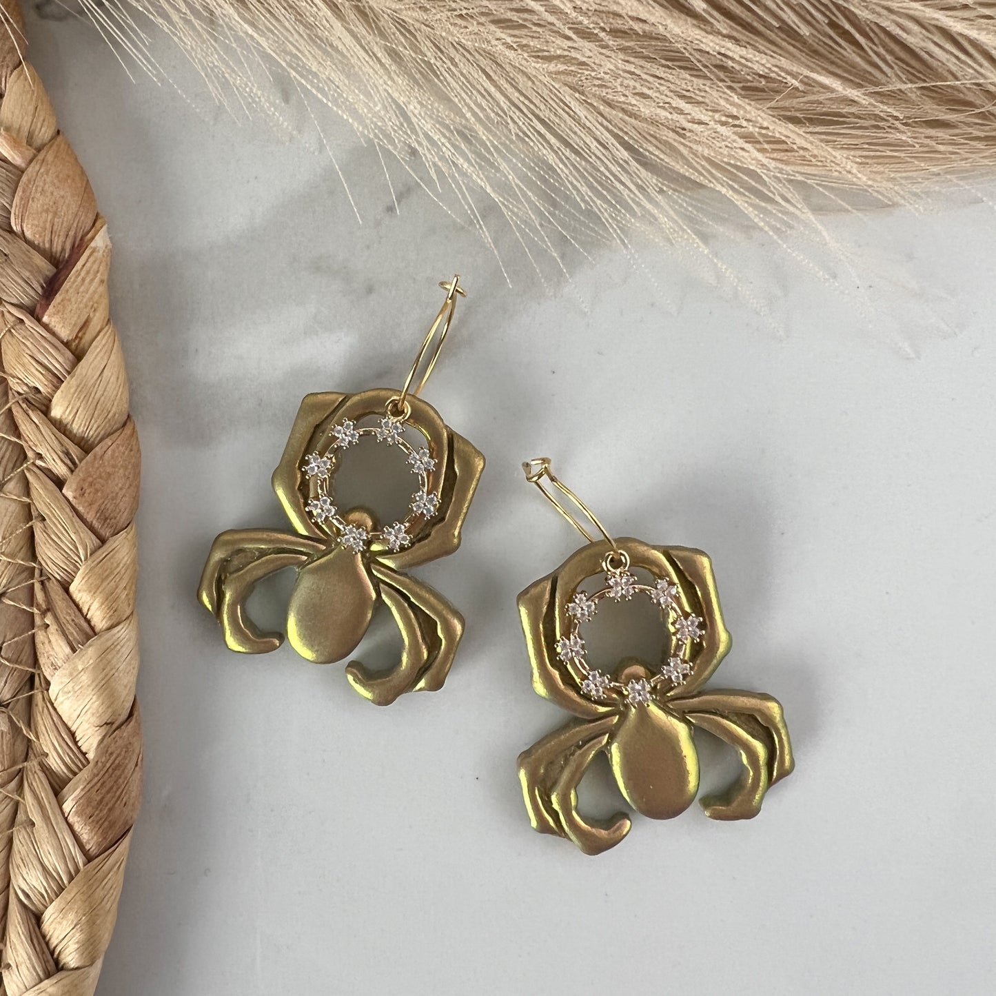 Hanging Spider Polymer Clay Earrings Chrome and Black Shimmer