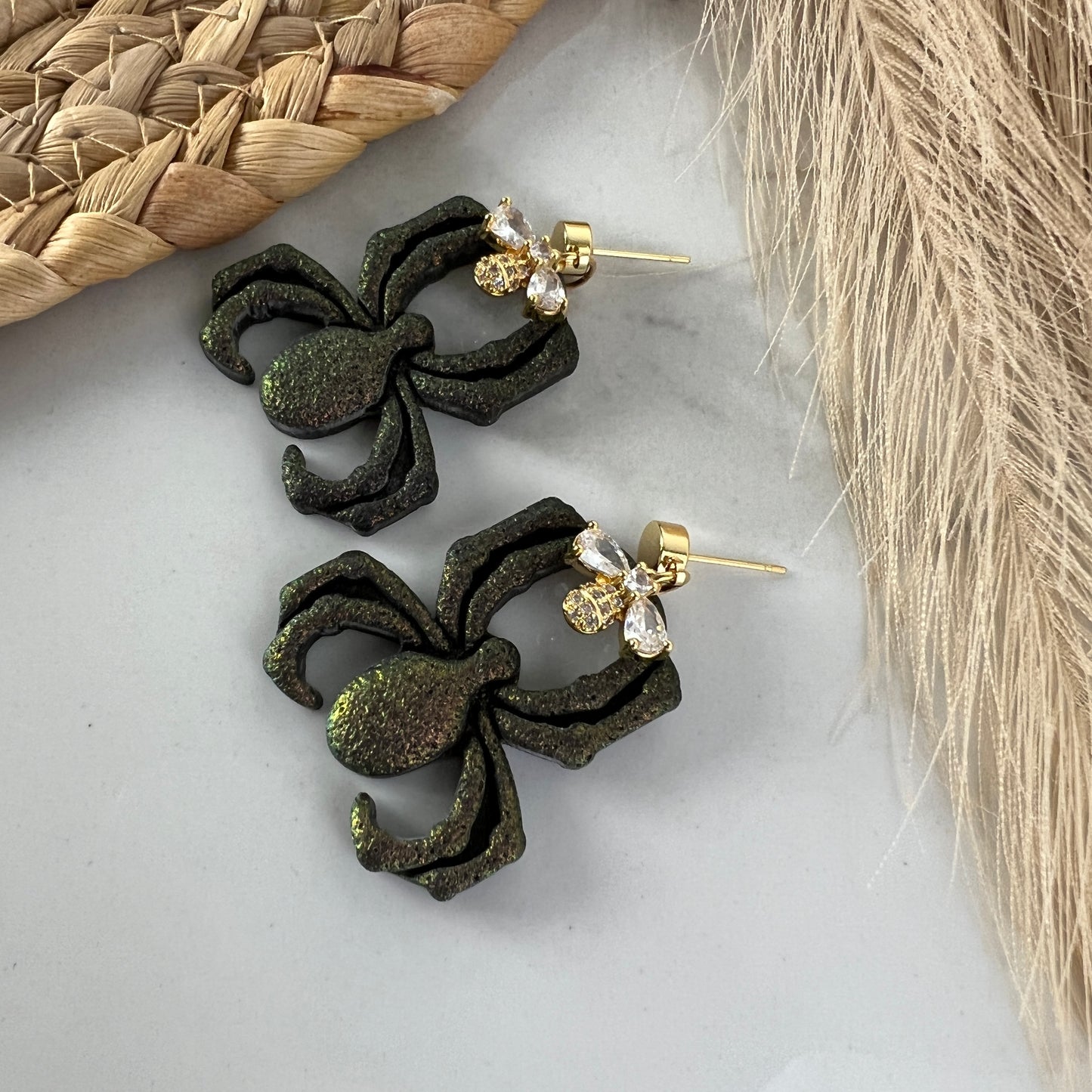 Hanging Spider Polymer Clay Earrings Chrome and Black Shimmer