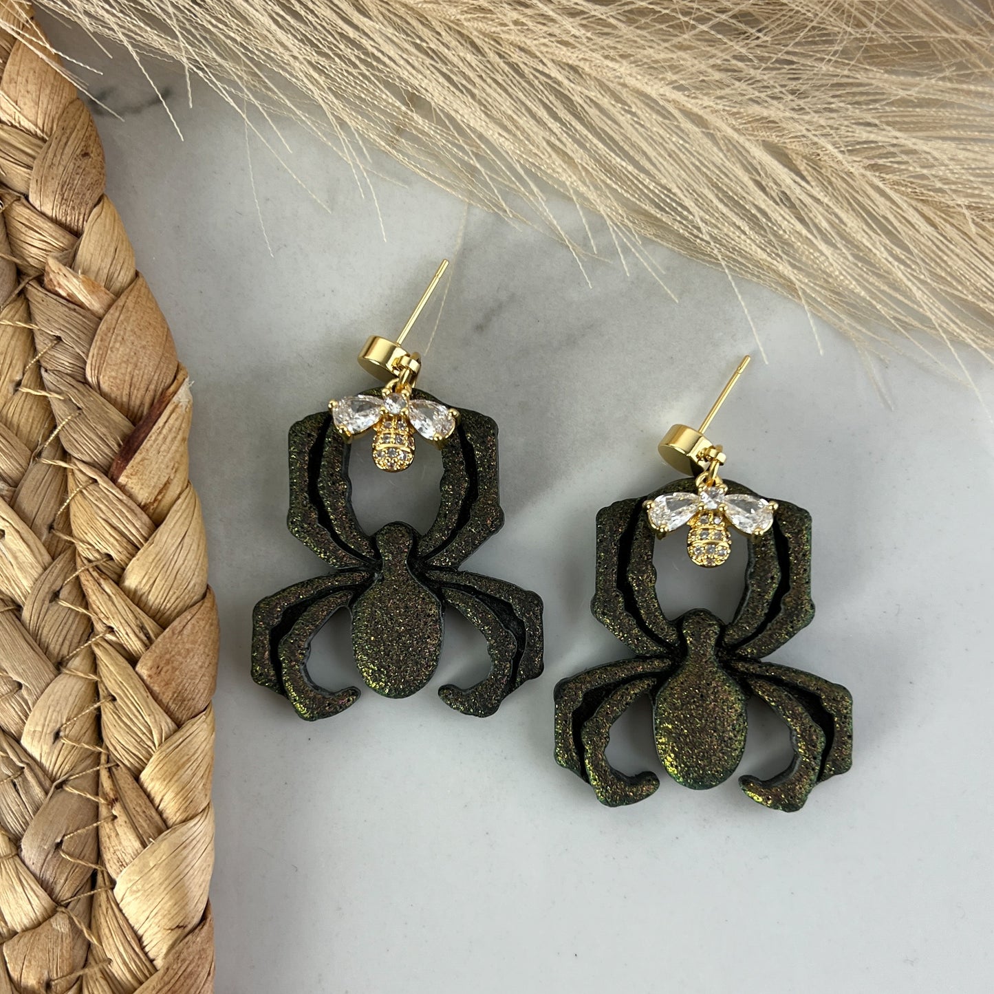 Hanging Spider Polymer Clay Earrings Chrome and Black Shimmer