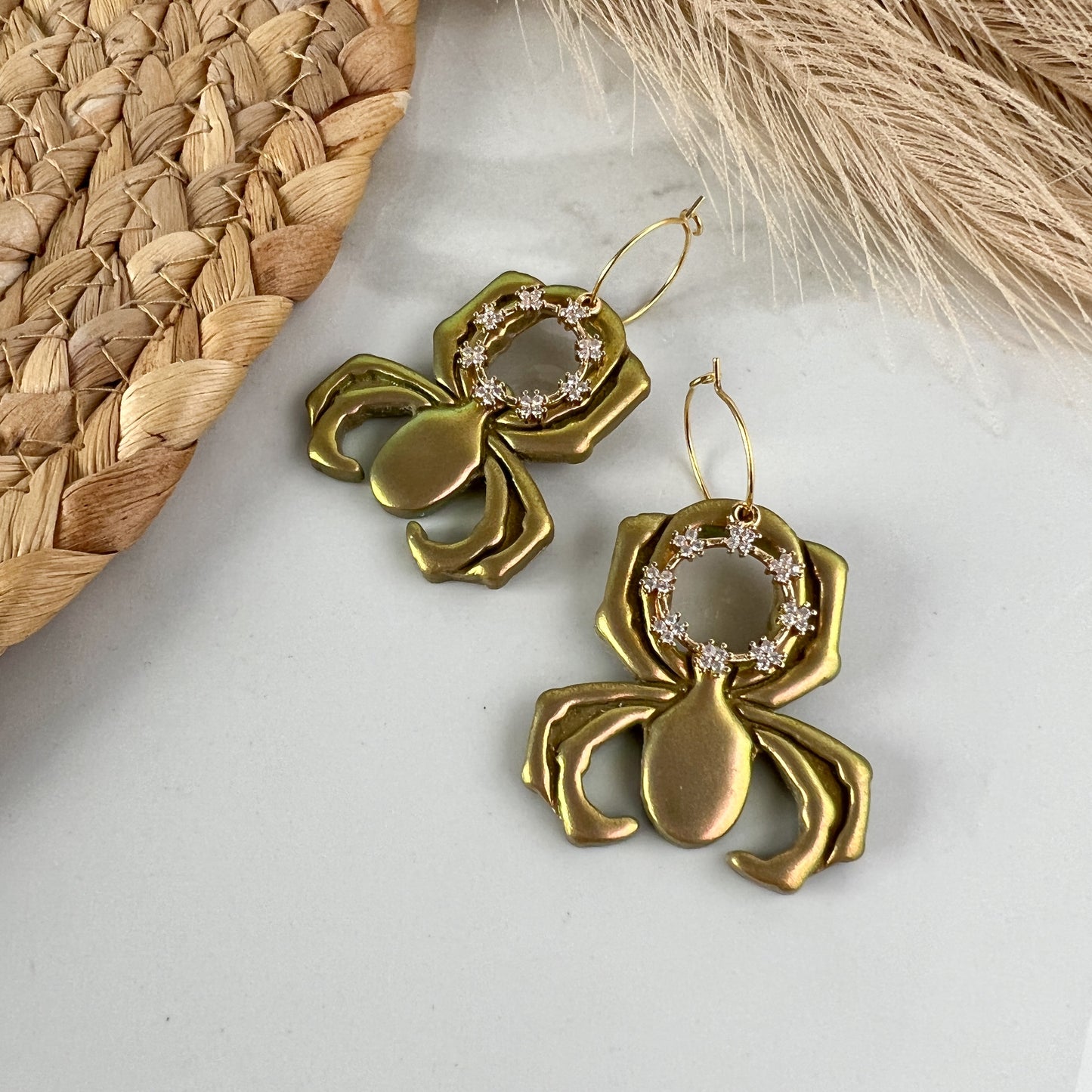 Hanging Spider Polymer Clay Earrings Chrome and Black Shimmer