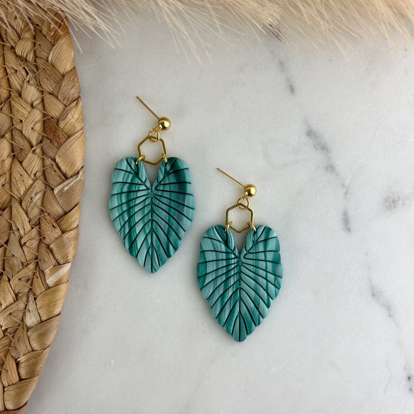 Leaf And Hexagon Polymer Clay Earrings