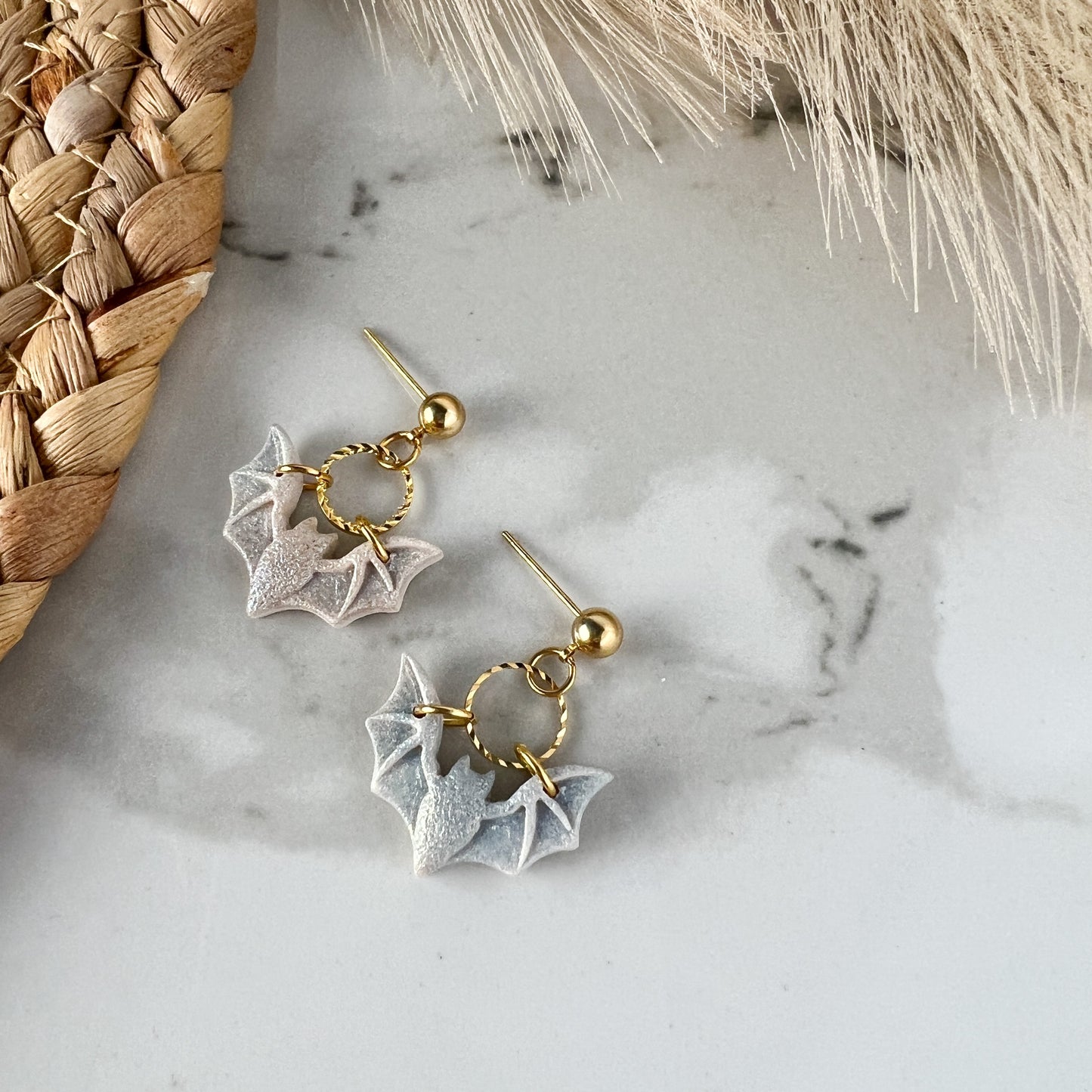 Day/Night Bat and Hoop Halloween and Fall Collection Polymer Clay Earrings