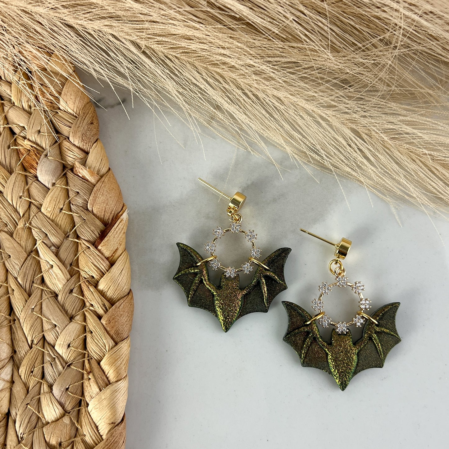 Day/Night Bat and Hoop Halloween and Fall Collection Polymer Clay Earrings