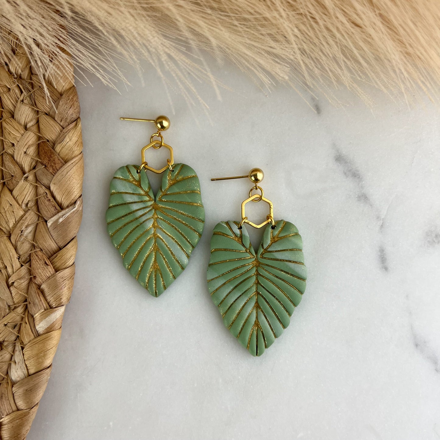 Leaf And Hexagon Polymer Clay Earrings