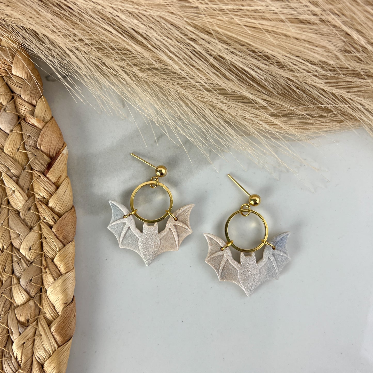 Day/Night Bat and Hoop Halloween and Fall Collection Polymer Clay Earrings