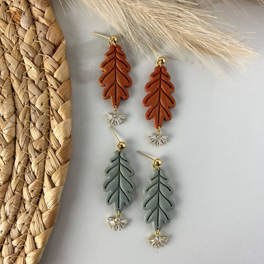 Pendientes de arcilla polimérica de hoja de roble Colección Otoño/Halloween