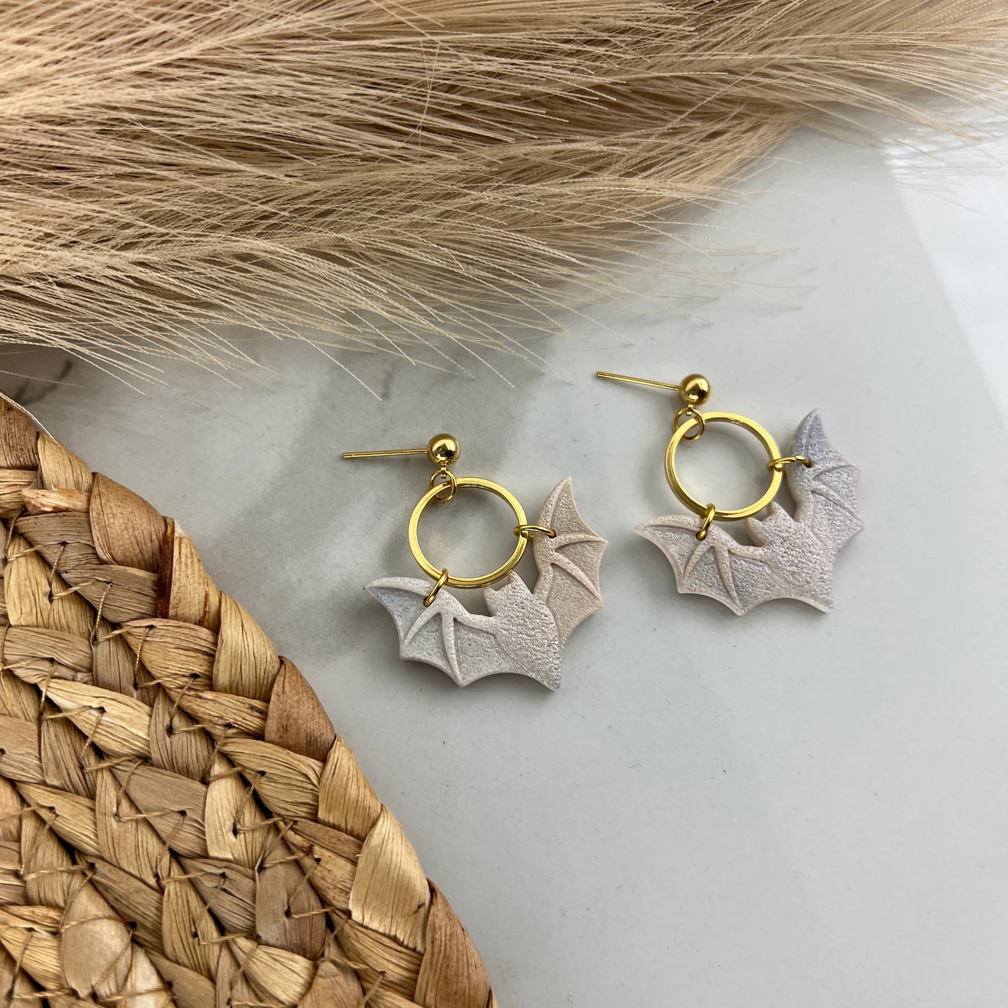 Day/Night Bat and Hoop Halloween and Fall Collection Polymer Clay Earrings