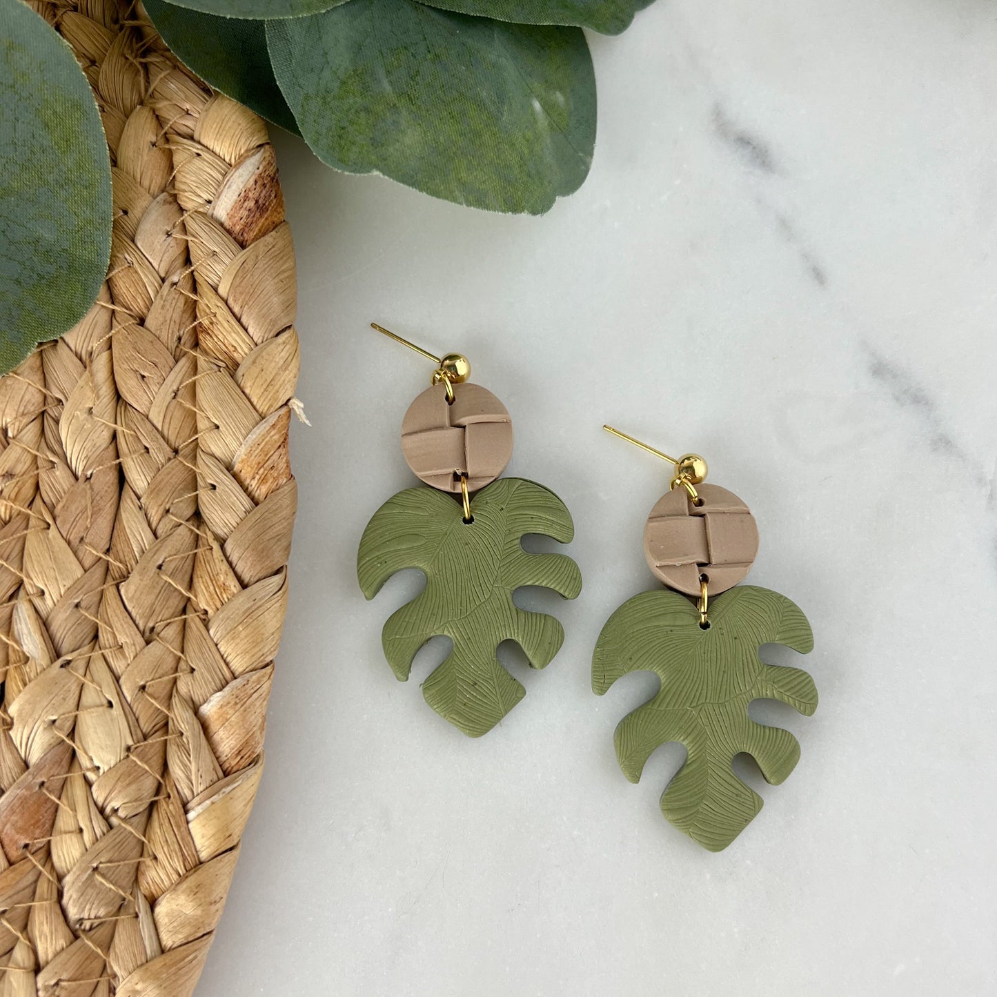 Monstera and basket weave polymer Clay Earrings