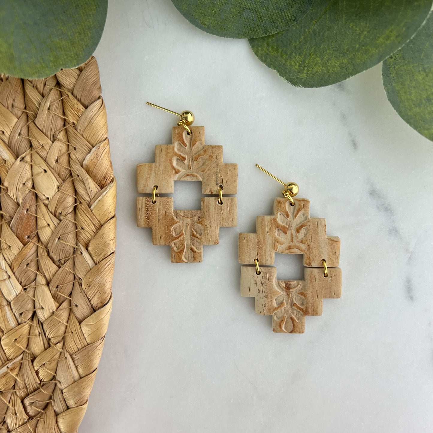Wooden Style Aztec Polymer Clay Earrings