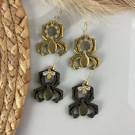 Hanging Spider Polymer Clay Earrings Chrome and Black Shimmer