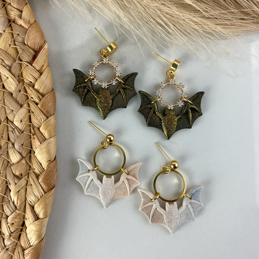 Chauve-souris et cerceau jour/nuit Collection Halloween et automne Boucles d’oreilles en argile polymère