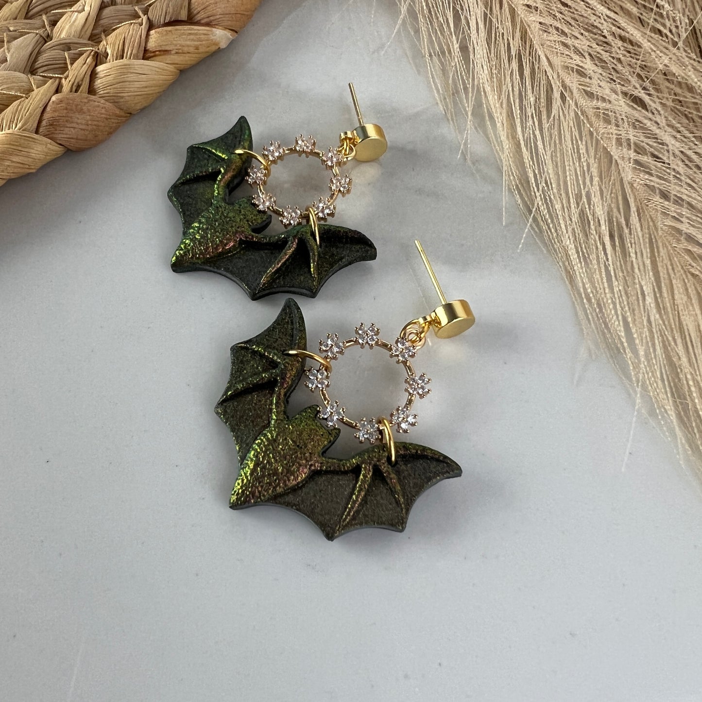 Day/Night Bat and Hoop Halloween and Fall Collection Polymer Clay Earrings